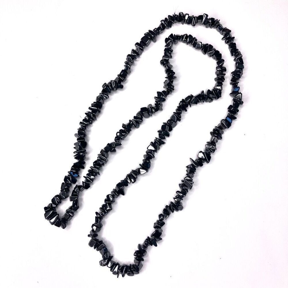 Black Hematite Chip Stone Necklace | 17” Boho Statement Jewelry